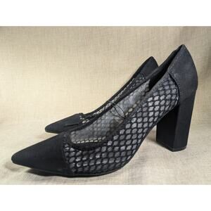 Marc Fisher Womens GILDIE Black Suede Mesh Fishnet Side Block Heel Shoes Sz 9